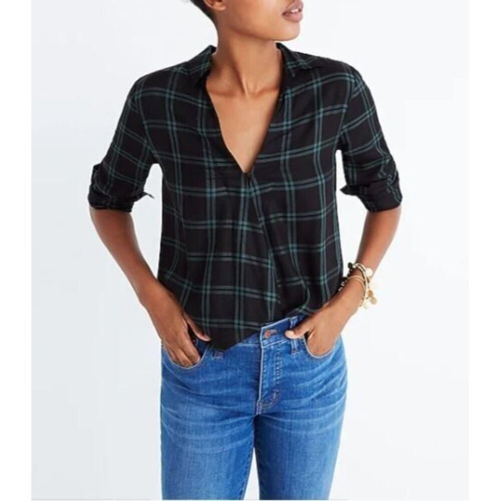 Madewell Black and Green Plaid Blouse